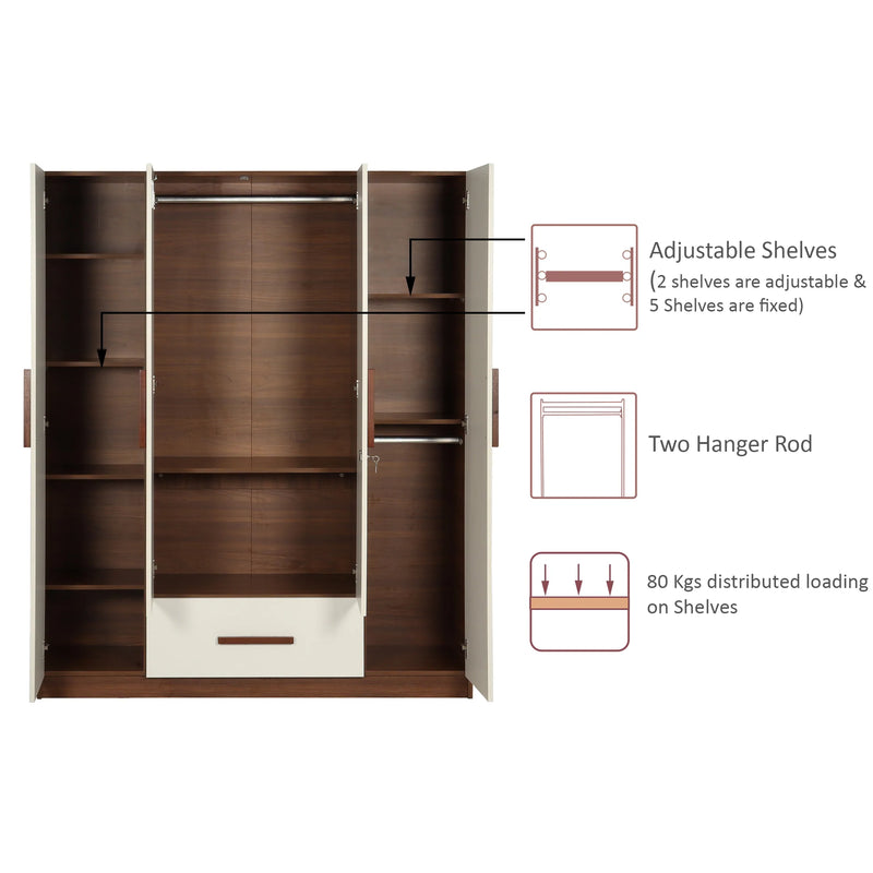 Mustang 4 Door Wardrobe With Drawer & With Mirror In Bali Teak & Frosty White Colour