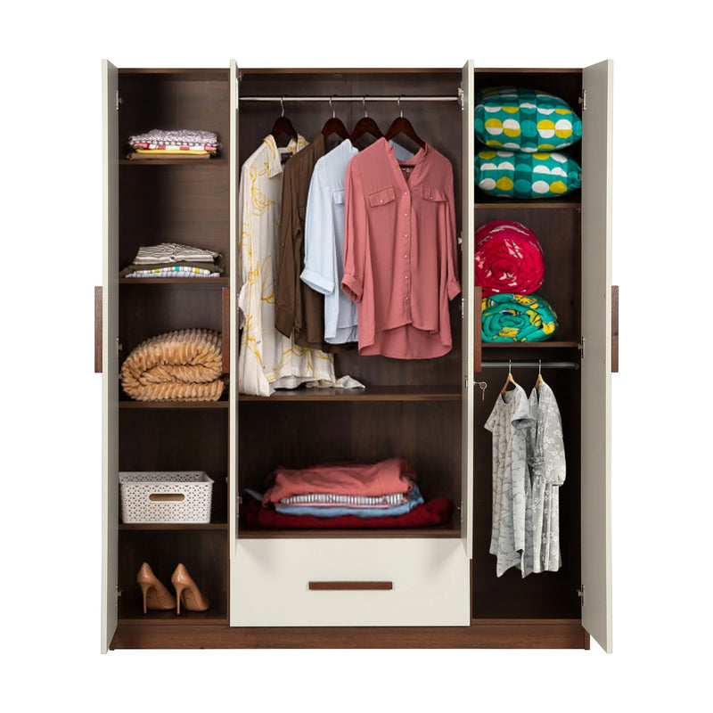 Mustang 4 Door Wardrobe With Drawer & With Mirror In Bali Teak & Frosty White Colour