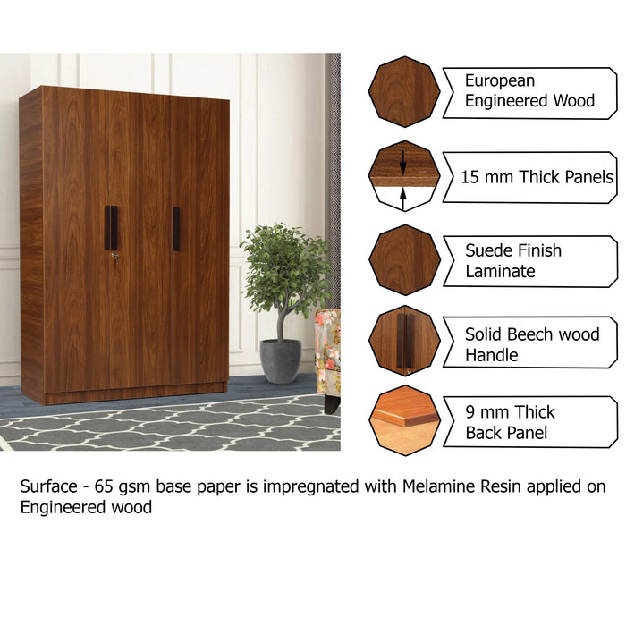 Ozone Engineered Wood 3 Door Wardrobe (Finish Color - Bali Teak, Knock Down)